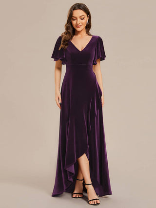 High-low V Neck Velvet evening Evening Dress with Short Sleeves