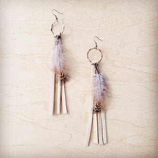 Boho Deerskin Leather Tassel Earrings with Feather