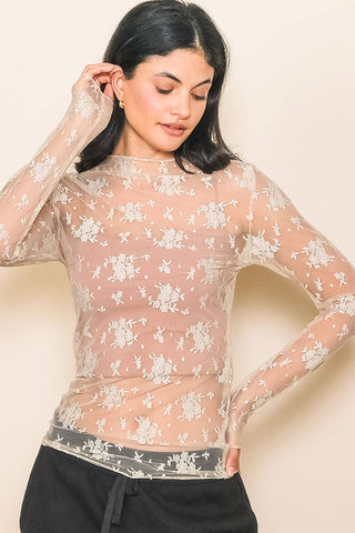 Lace Mock Neck Long Sleeve Floral Embroidered Layering Top