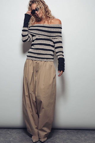 Off-Shoulder Striped Button Cuff Knit Top