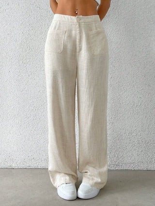Cream Cotton Linen Straight Leg Pants