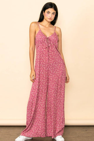 Vintage Tiny Floral Wide Leg Flowy Jumpsuit with Pockets
