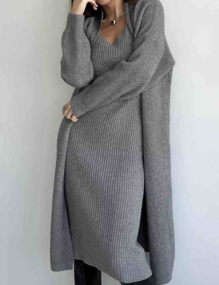 Chic Knit Midi Dress & Cardigan – Solid Color 2PCS Ensemble