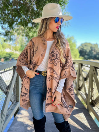 Camel Elegant Floral Print Cape Shawl Ruana Cardigan