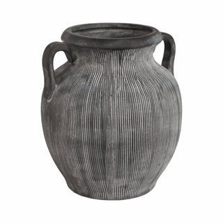 Ceramic Ribbed Texture Weathered Handle Vase – Black, 10 in.