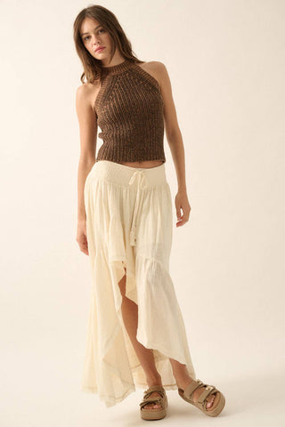 Boho Tassel High‑Low Ruffle Maxi Skirt