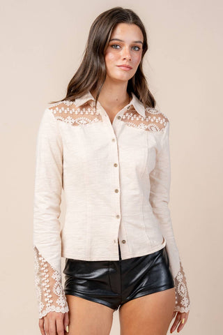 Oatmeal Lace Yoke Button-Down Knit Top