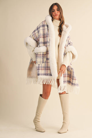 Winter Plaid Cape – Oversized Faux Fur Trim Coat