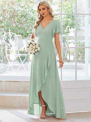 V Neck High Low Ruffles Chiffon Bridesmaid Dress