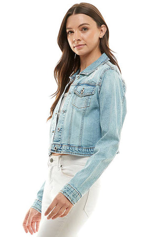 Women's Distressed Denim Jacket - 100% Cotton Classic Blue