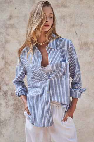 Coastal Striped Linen-Blend Button Down Shirt