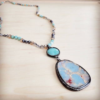 Amazonite & Crystal Long Beaded Necklace w/ Large Jasper Pendant