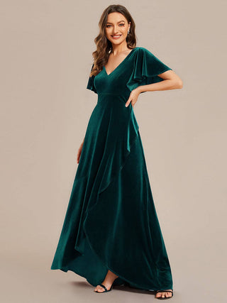 High-low V Neck Velvet evening Evening Dress with Short Sleeves