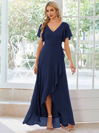 V Neck High Low Ruffles Chiffon Bridesmaid Dress