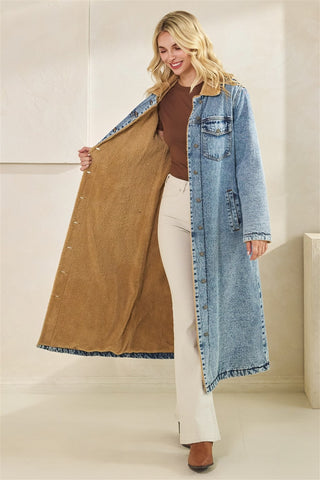 Teddy Lined Long Denim Jacket