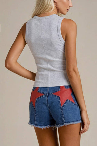 Red Star Suede Distressed Denim Shorts | Laciann Collective