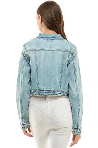 Women's Distressed Denim Jacket - 100% Cotton Classic Blue