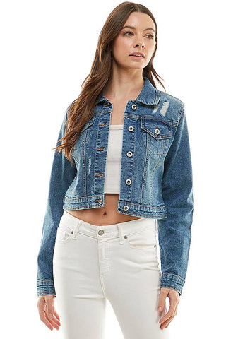 Women's Distressed Denim Jacket - 100% Cotton Classic Blue