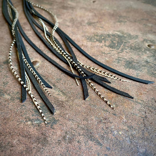 Leather & Feather Long Earrings - Black & Grizzly / Silver