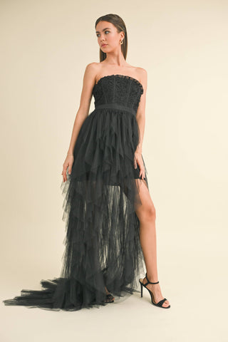 Appliqué Ruffle Tulle Gown – Black Edition
