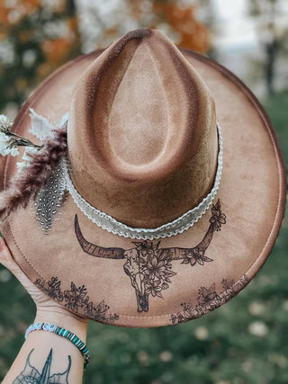 Longhorn Floral Skull Hand Burned Custom Wide Brim Fedora