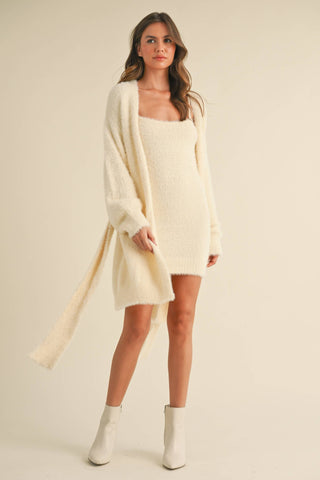 SOFT SLEEVELESS TUBE MINI DRESS AND CARDIGAN SET