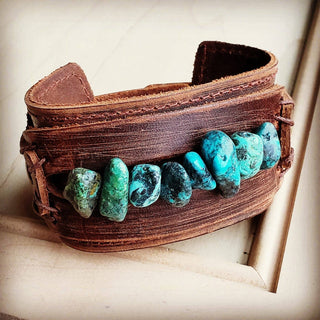 Genuine Leather Wide Cuff Bracelet w/ Large Natural Turquoise Chunks