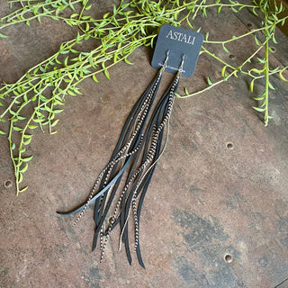 Leather & Feather Long Earrings - Black & Grizzly / Silver