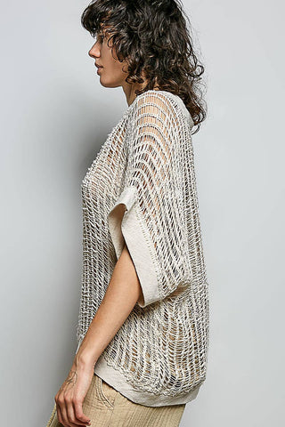 Open-Weave Textured Knit Boxy Top - Natural Multi