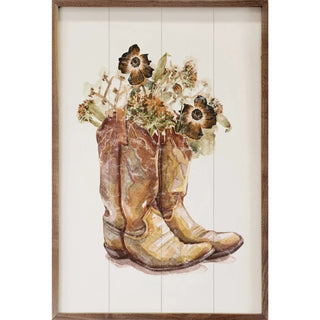 Brown Cowboy Boots with Flowers Rustic Wood Wall Art in Walnut Frame 10x16