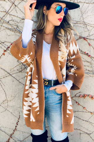 Caramel Open Front Aztec Printed Knitted Cardigan
