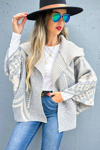 Grey Aztec Pattern Dolman Sleeve Open Front Knit Cardigan