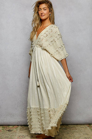 V-Neck Wood Bead Tassel Tie Linen Maxi Dress - Natural