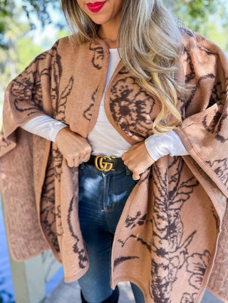 Camel Elegant Floral Print Cape Shawl Ruana Cardigan