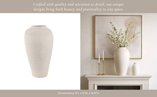Ivory Terracotta Round Ribbed Floor Vase, 16 in.
