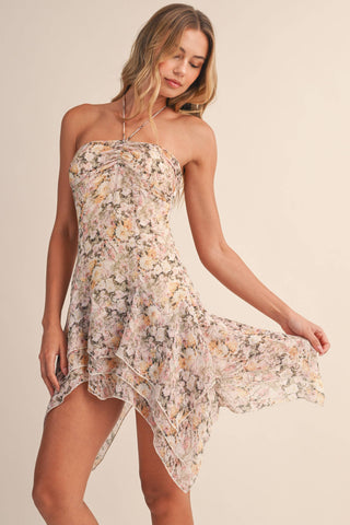 Floral Chiffon Ruched Bodice Handkerchief Hem Mini Dress | Laciann Collective