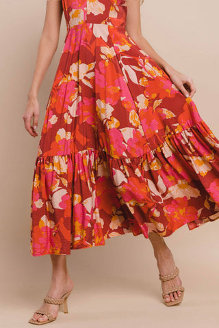 Crimson Floral Midi Dress
