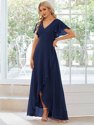 V Neck High Low Ruffles Chiffon Bridesmaid Dress