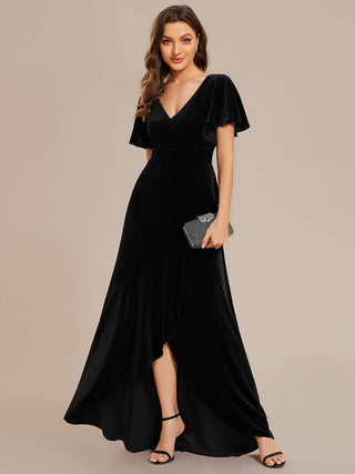 High-low V Neck Velvet evening Evening Dress with Short Sleeves