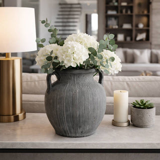 Ceramic Ribbed Texture Weathered Handle Vase – Black, 10 in.