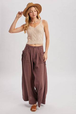 Drawstring Patch Pockets Wide Leg Pants