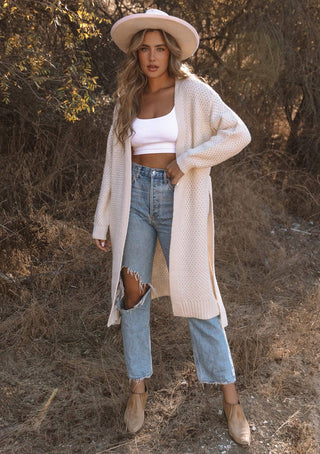Long Sleeve Honeycomb Knit Cardigan with Tie Front