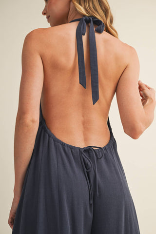 Midnight Blue Halter Wide-Leg Jumpsuit