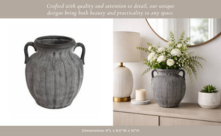 Ceramic Ribbed Texture Weathered Handle Vase – Black, 10 in.