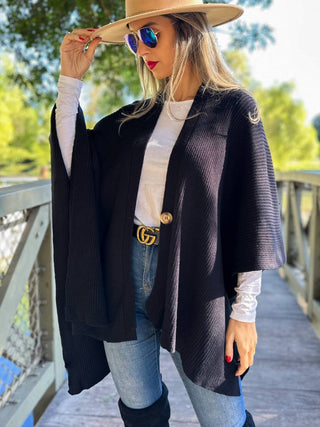 Classic Black Knit Ruana – Ribbed Cape with Button Detail