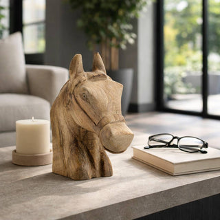 Handcrafted Wood Horse Head Figurine – Brown, 11 in.
