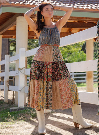 Bohemian Patchwork Spaghetti Floral Tiered Dress