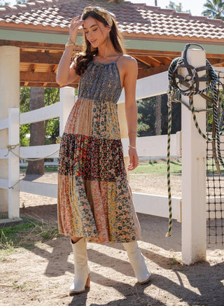 Bohemian Patchwork Spaghetti Floral Tiered Dress